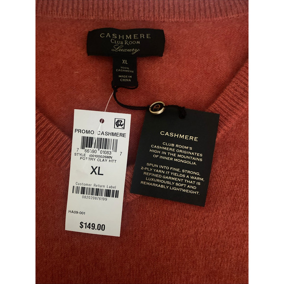 NWT Cashmere Club Room Sweater Men Orange Pottery Clay Pullover V Neck XL - Picture 2 of 5